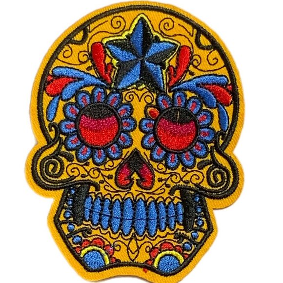 Orange Blue Black Star Sugar Skull Iron on Patch Embroidered Dia de los Muertos - Picture 4 of 4